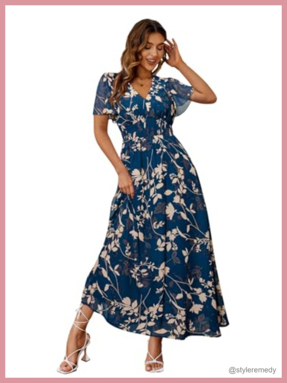 Boho Floral Maxi Dress V Neck Short Sleeve Flowy Casual Wedding Guest Beach